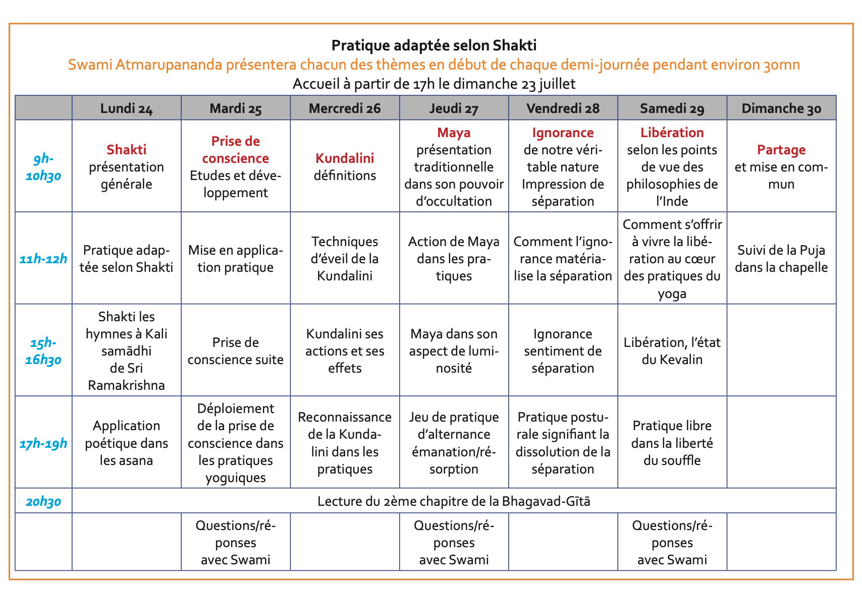 Programme APPROFONDISSEMENT DU YOGA VEDIQUE JUILLET 2023