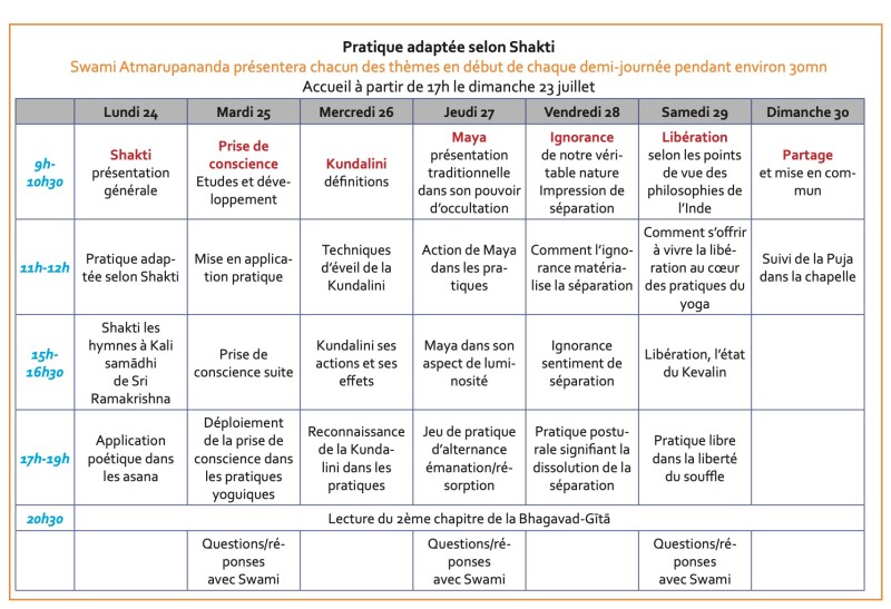 Programme APPROFONDISSEMENT DU YOGA VEDIQUE JUILLET 2023